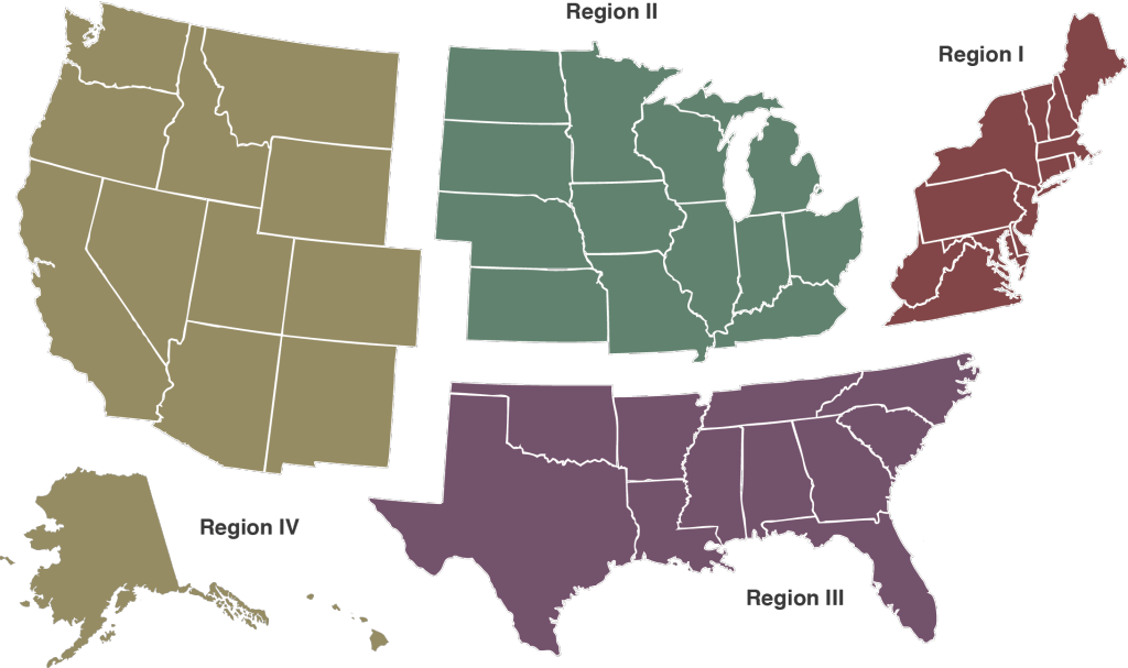 Map of the US with four regions defined. Region 1, Region II, Region III and Region IV