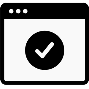 Icon: shape of a computer application window a check in a circle in the middle