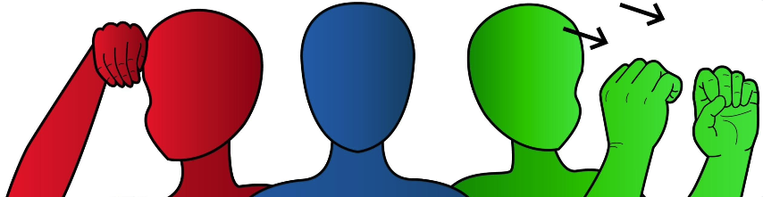 Three people are silhouetted in color; left person is red signing "learn," middle person is blue, right person is green signing" educate."