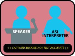 Camera frame with red background, top left corner shows red "REC" to indicate recording. Two illustrated people are facing the camera. Person on left is the speaker behind the podium. Person on the right is the ASL interpreter, not obstructed. Towards the bottom are captions that are blocked or not accurate.
