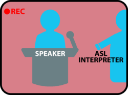 Camera frame with red background, top left corner shows red "REC" to indicate recording. Two illustrated people are facing the camera. Person on the left is the speaker behind the podium. The ASL interpreter on the right is cropped out of frame.