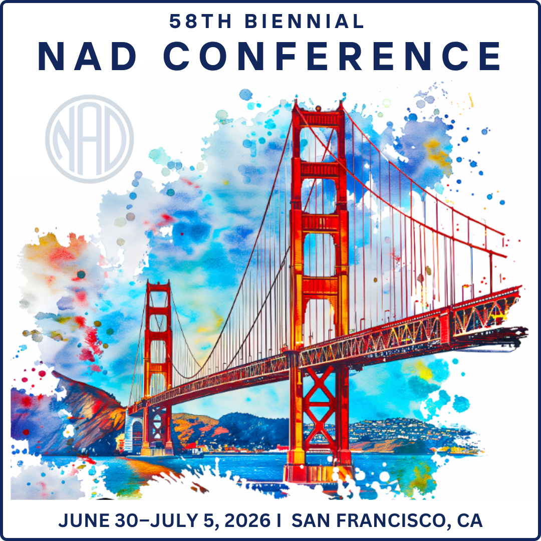 Drawing of Golden Gate with San Fransciso in the background. Text describes the 58th Biennial NAD Conference to be held June 30 to July 5, 2026