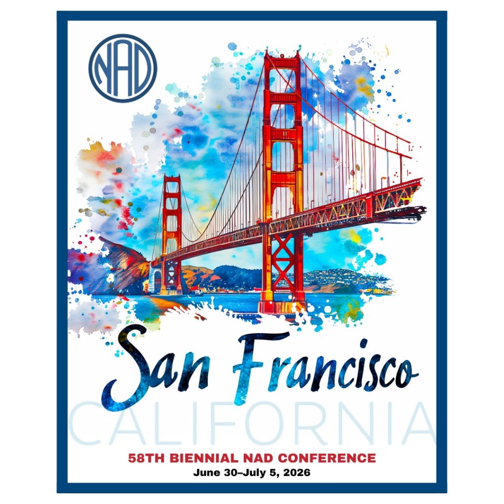 Drawing of Golden Gate bridge and view of San Francisco.
Text: San Francisco California 58th Biennial NAD Conference June 30 - July 5, 2026